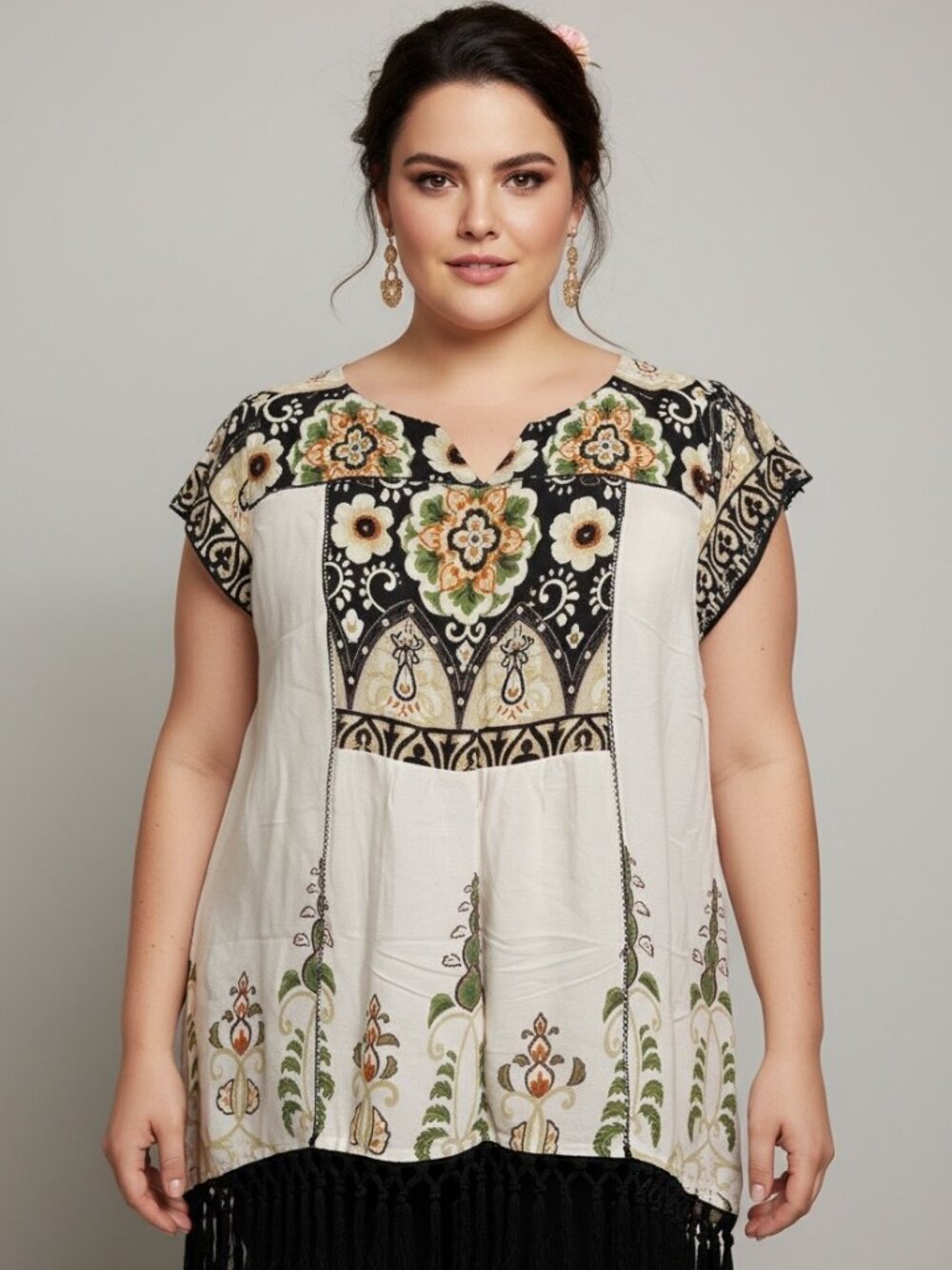 Anthropologie Vanessavirginia Boho Tunic Blouse Sz M Black Floral Fringe Bohemia
